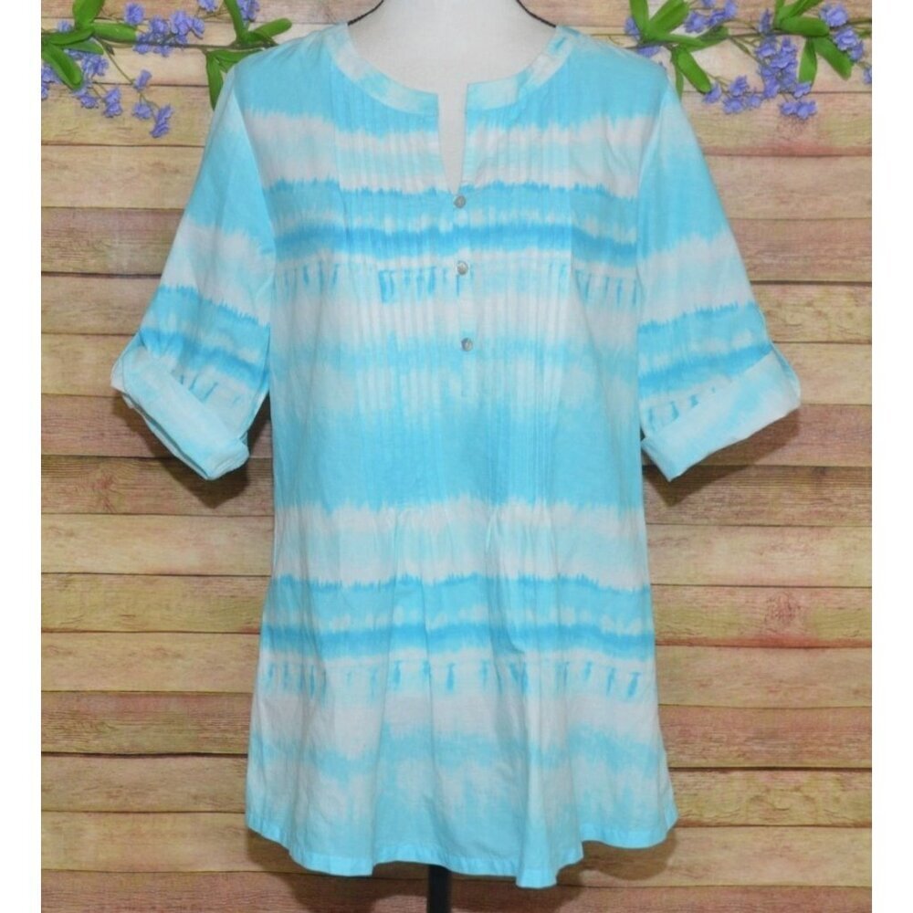 J. Jill Ladies Pintuck 3/4 Roll Tab Sleeve V-Neck Blouse Top Size M Blue & White